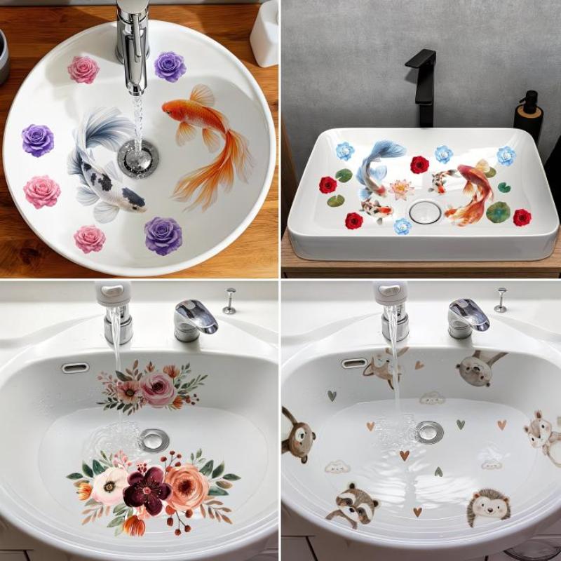 Home Bathroom Wash Basin - New Lucky Koi Floral Washbasin Sticker