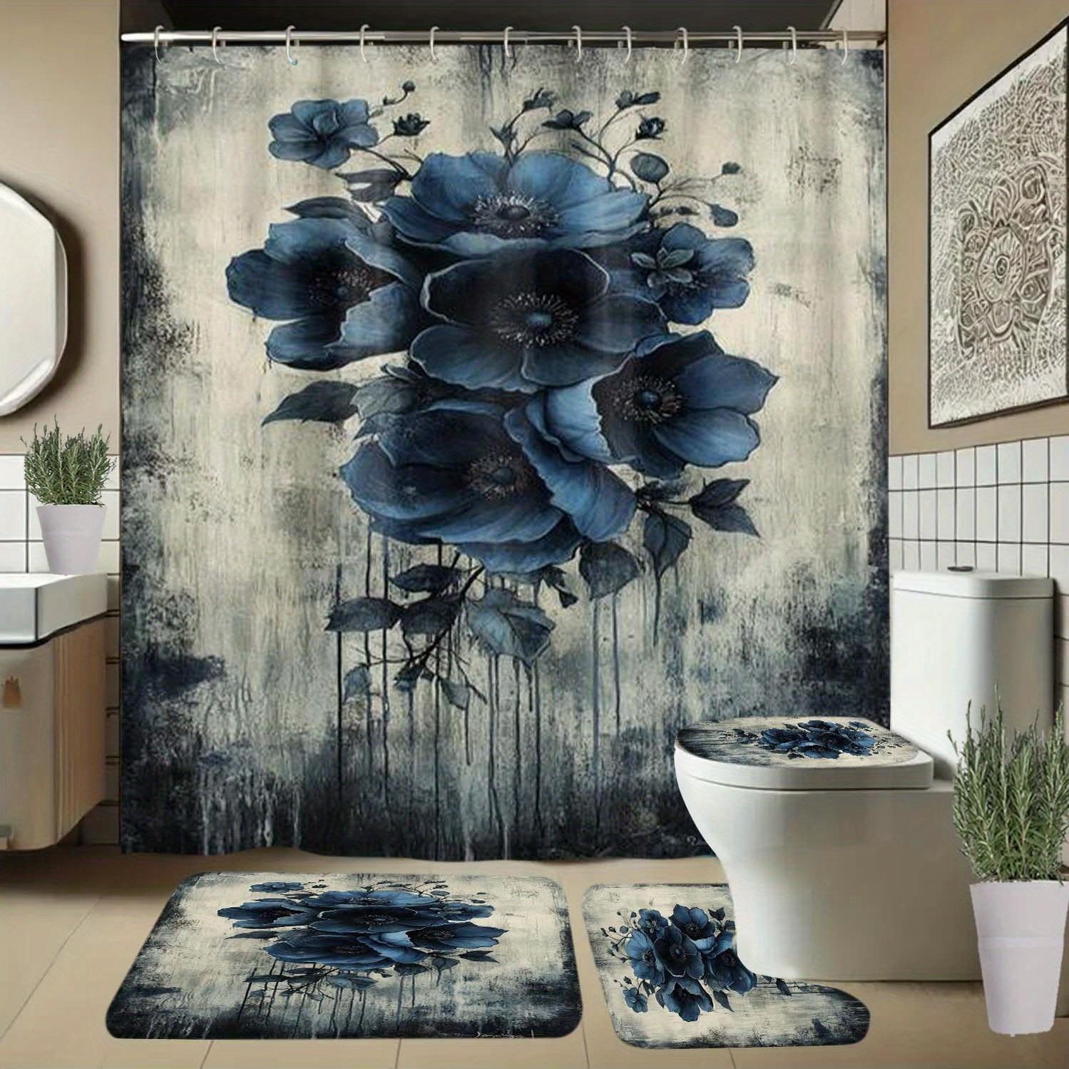 4pcs Blue Floral Shower Curtai - Home Bathroom Tub recension och pris